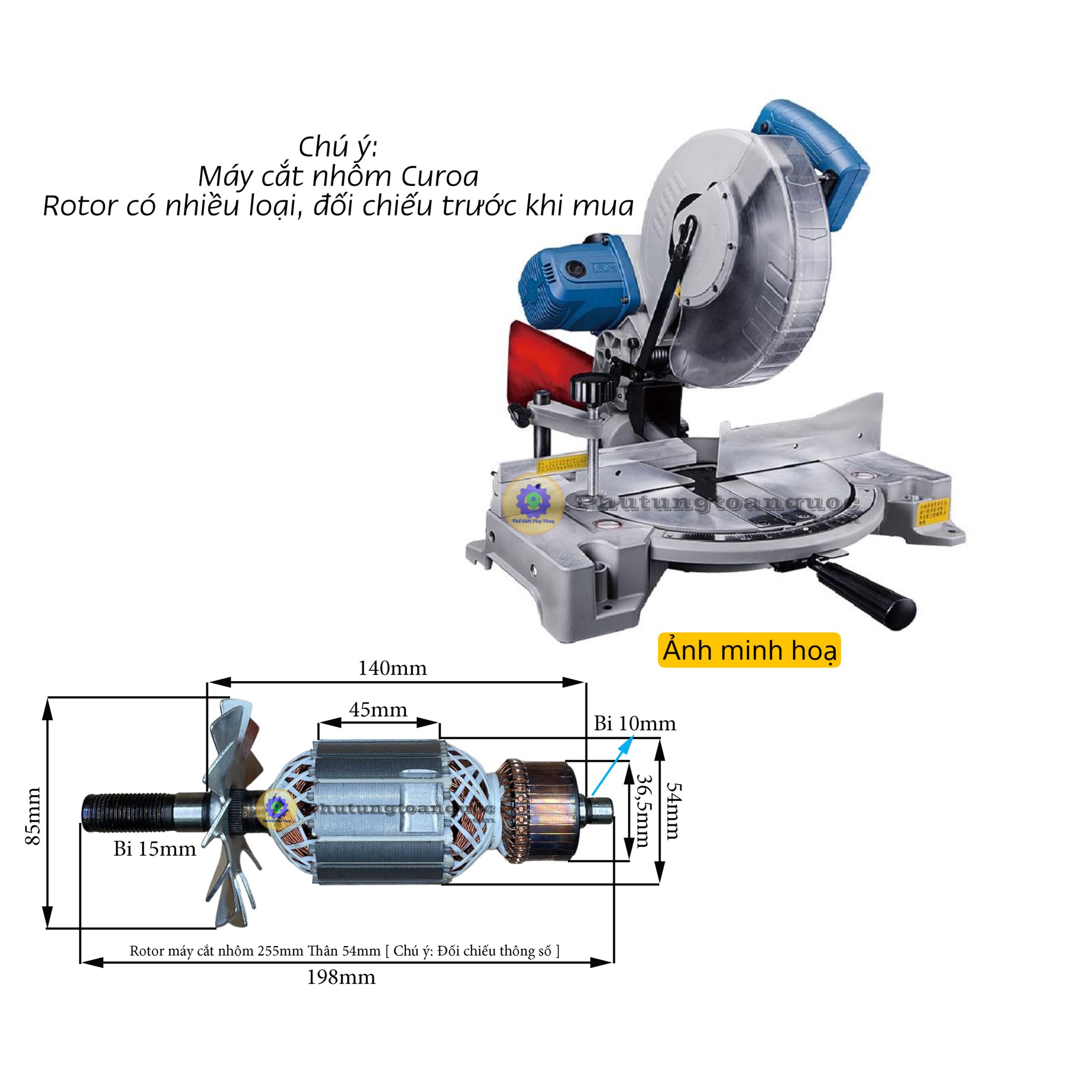 rotor máy cắt nhôm 255mm Thân 54mm